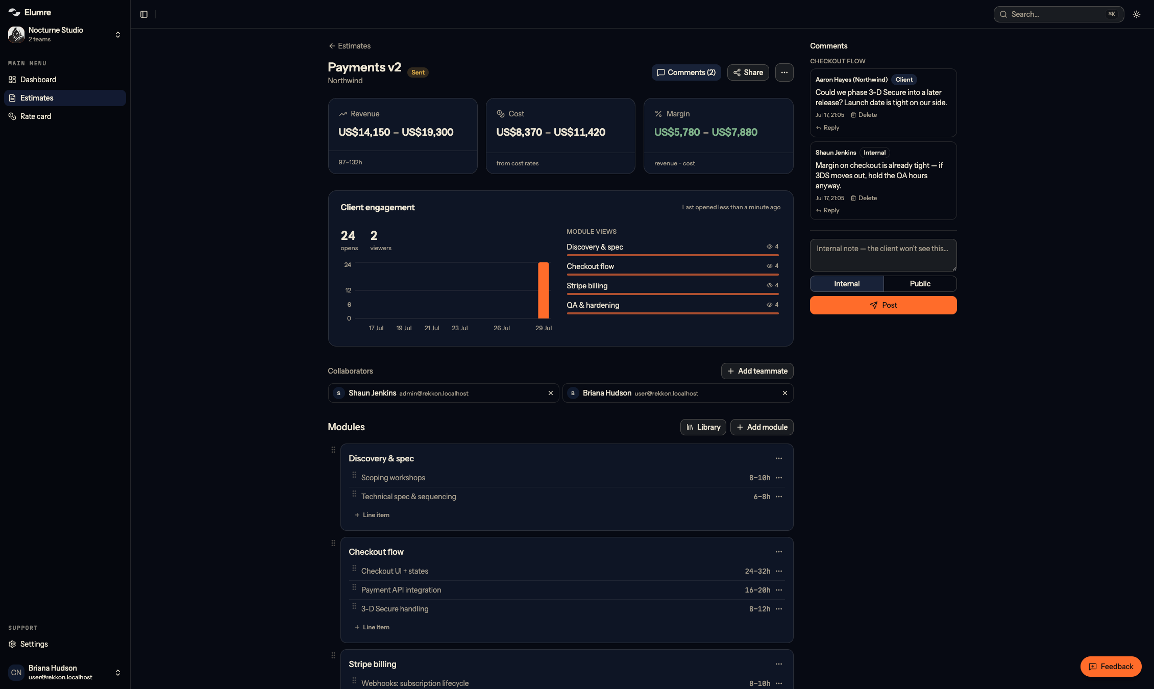 The Elumre editor with the estimate an agent just pushed: revenue, cost and margin ranges, modules with hour ranges per line item, and a client comment waiting for a reply.